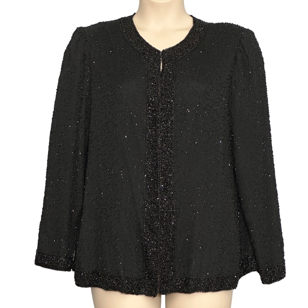 VTG Brilliante Womens Jacket XXL Black Silk Beaded Formal Evening Cocktail Glam